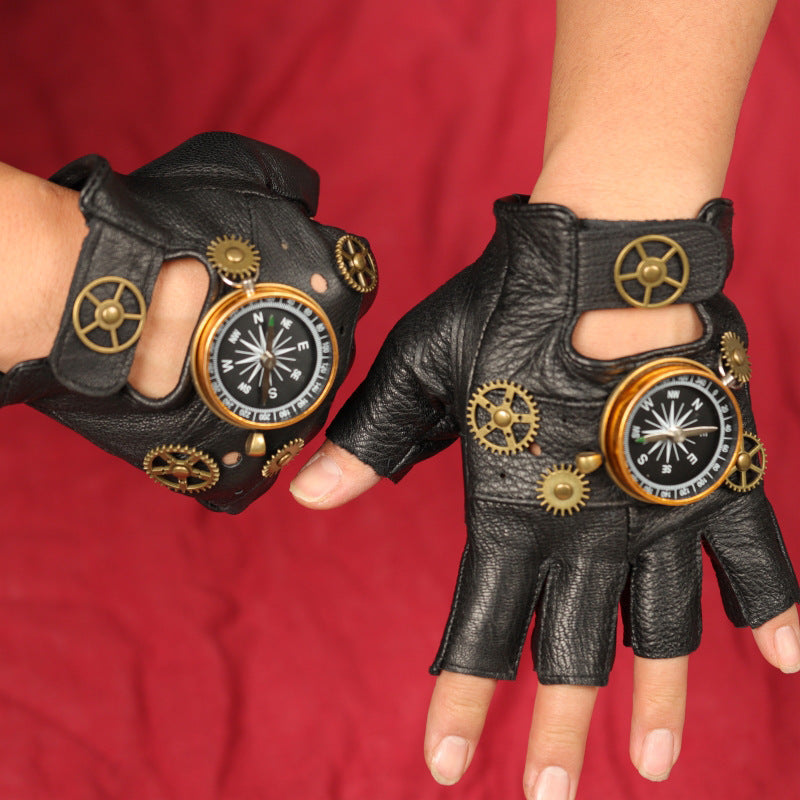 Navigator’s Luxury Leather Gear Gloves – Steampunk Half-Finger Adventure Gloves