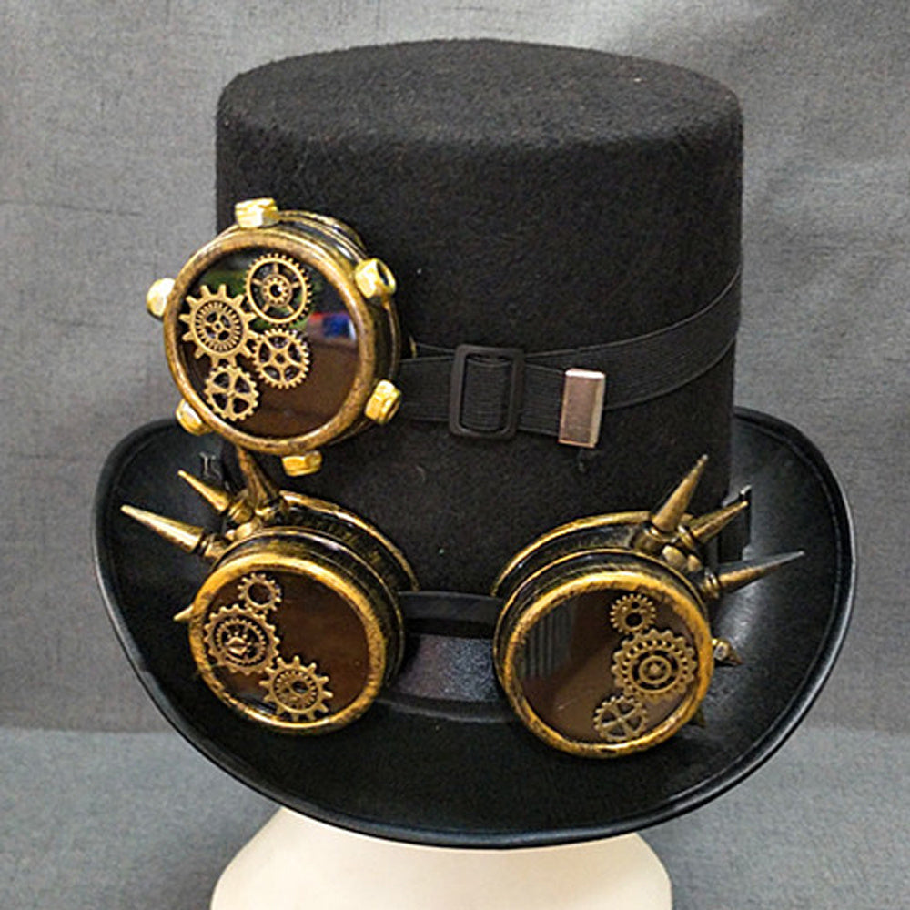 Steampunk Cotton & Linen Tall Hat with Removable Goggles