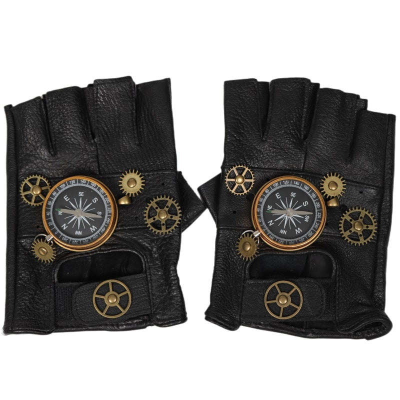 Navigator’s Luxury Leather Gear Gloves – Steampunk Half-Finger Adventure Gloves