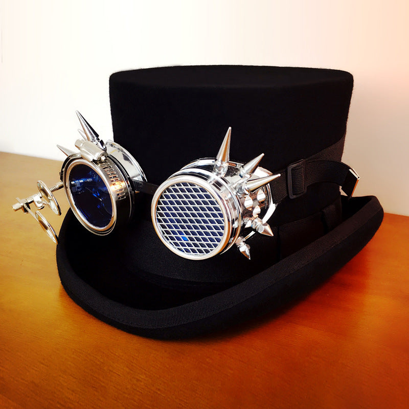 Steampunk Punk Wool Top Hat with Goggles & Alloy Accents – Unisex Adventure Gear