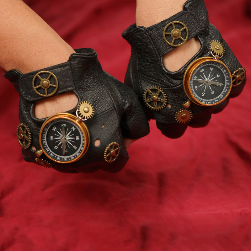 Navigator’s Luxury Leather Gear Gloves – Steampunk Half-Finger Adventure Gloves