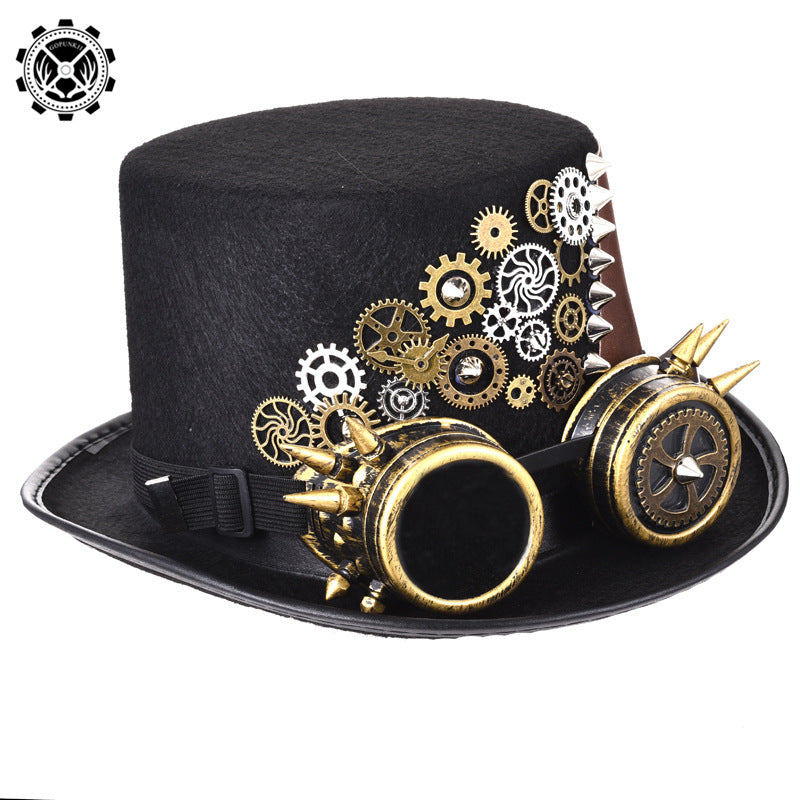 Steampunk Gear Punk Rivet Hat with Gothic Glasses – Magic Cosplay Top Hat