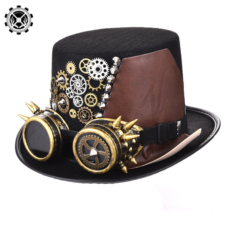 Steampunk Gear Punk Rivet Hat with Gothic Glasses – Magic Cosplay Top Hat