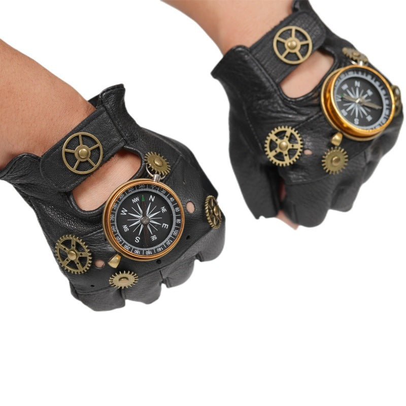 Navigator’s Luxury Leather Gear Gloves – Steampunk Half-Finger Adventure Gloves