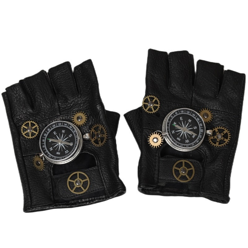 Navigator’s Luxury Leather Gear Gloves – Steampunk Half-Finger Adventure Gloves